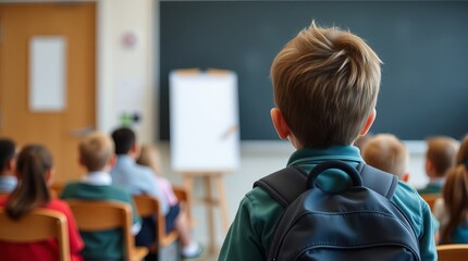 Obraz premium A junior high school student is late for class and stands with a backpack on his back, looking at the board.