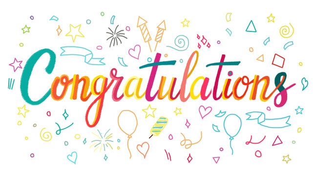 Illustration of hand drawn colorful congratulations typography isolated on transparent background