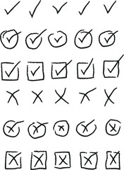 Set of black and white handdrawn checkmarks, crosses, and circles isolated on white background