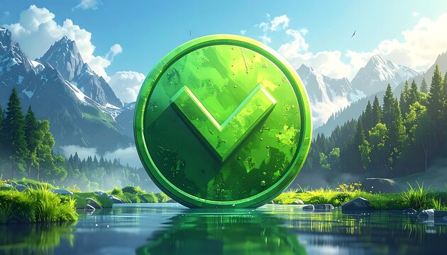 Vibrant Green Checkmark Symbol in a Serene Mountain Lake Landscape.