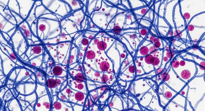 Colorful network of blue fibers and red spheres under microscope
