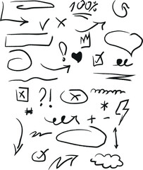 Assortment of handdrawn graphic elements including arrows, check marks, question marks, and symbols, isolated on white background for creative use
