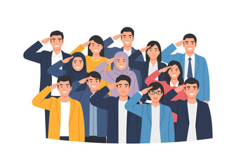 Diverse group of multi-ethnic professionals and community members unitedly performing a respectful salute, symbolizing honor, service, and collective spirit in a modern, inclusive setting