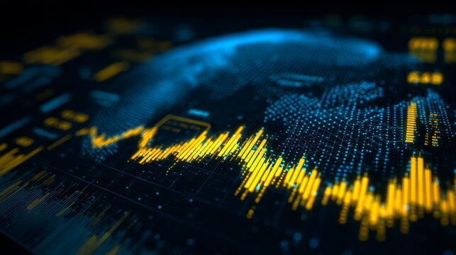 Abstract digital representation of global data, highlighting a fluctuating financial trend with a 3D Earth in the background