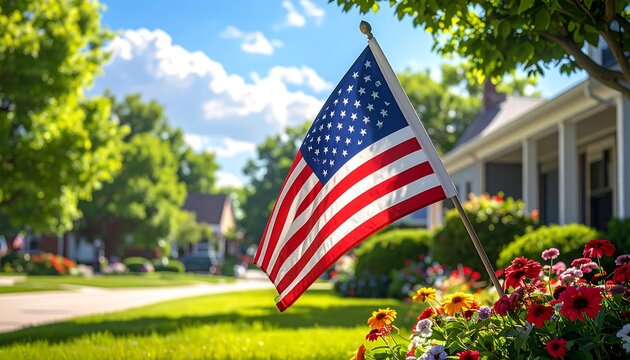An American flag waving proudly in a sunny suburban yard with flowers and houses under a bright blue sky