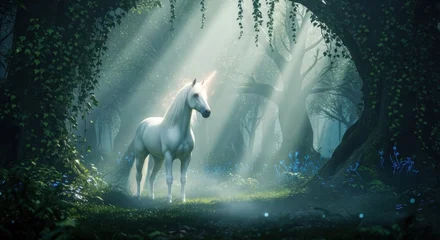Wandcirkels Eenhoorn Magical Unicorn in Enchanted Forest – Cinematic Fantasy Scene  © Vexelion