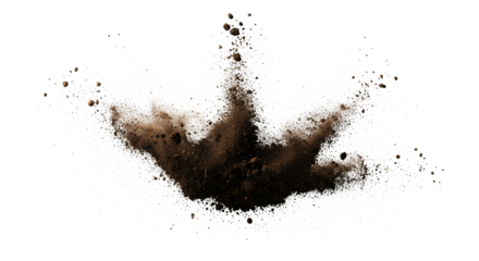 Brown dirt and white particles exploding outwards in a crown shape, isolated on a white or transparent background, cutout, PNG