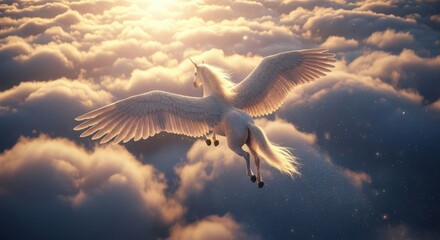 Fototapeta premium Pegasus Unicorn Flying Over Clouds – Dreamy Fantasy Sky