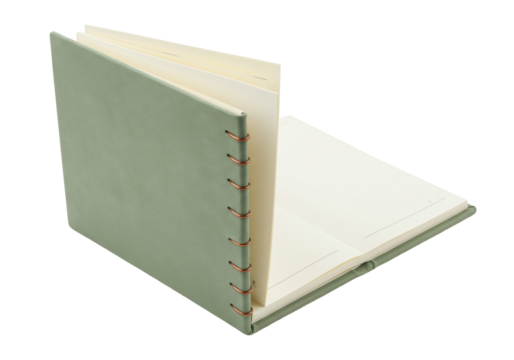 Isolated notebook with flexible binding and pale green cover displayed at an angle