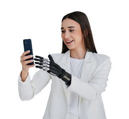 Cheerful gorgeous brunette girl with bionic arm talks by phone, smiles makes video call on...