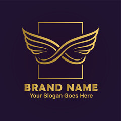 Vector art of golden wings forming an infinity symbol within a golden rectangle on a dark purple background, text below reads brand name your slogan goes here
