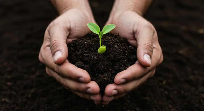 farmer’s hands gently holding fertile soil with sprouting seedling 