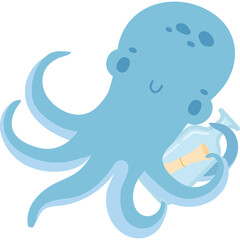 Cute Light Blue Octopus Holding a Glass Bottle with a Message Inside and a Transparent Background