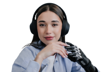 Pretty Italianbrunette girl with biomechanic hand in headphones listening music looks at camera on transparent background.