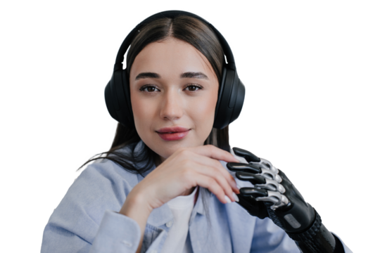 Pretty Italianbrunette girl with biomechanic hand in headphones listening music looks at camera on transparent background. - Powered by Adobe