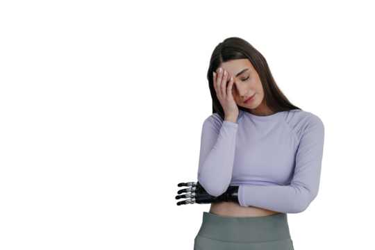 Exhausted beautiful disabled young woman with  bionic hand prosthesis after workout touching head eyes closed on transparent background, tired.