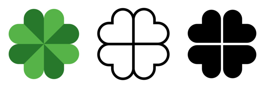 Four leaf clover icons with heart shaped leaves in green black and outline style