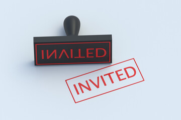 Invited word on stamp. The concept of a special guest at various events. 3d render