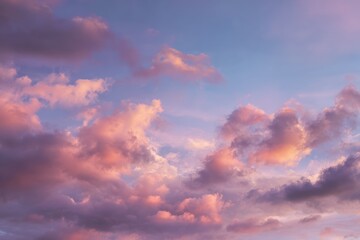 Obraz premium Soft Pink Clouds Drift Across a Dreamy Sunset Sky, Pastel Hues Glow Over Blue and Violet Horizons, Creating a Serene Atmosphere for Banners and Branding Concept of Travel Agency, Wellness Brand