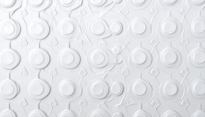 Abstract white texture with circular shapes and connecting lines, creating a repeating pattern, softly lit for a 3D effect