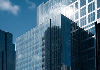 Obraz premium Modern office buildings with glass facades reflect the blue sky and sunlight on a bright day in an urban environment.