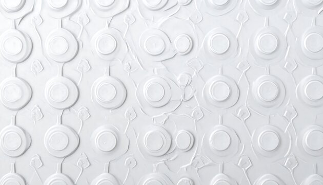 Abstract white texture with circular shapes and connecting lines, creating a repeating pattern, softly lit for a 3D effect