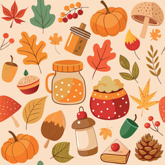 autumn pattern with pumpkins, leaves, mushrooms, acorns background