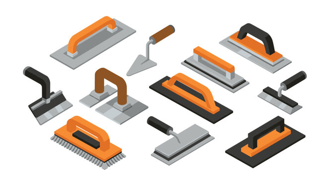 Isometric tool collection with hand trowels and floats for construction and finishing work