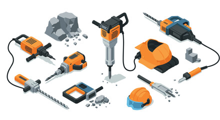 Construction tools isometric set with drill, jackhammer, and safety helmet on white background