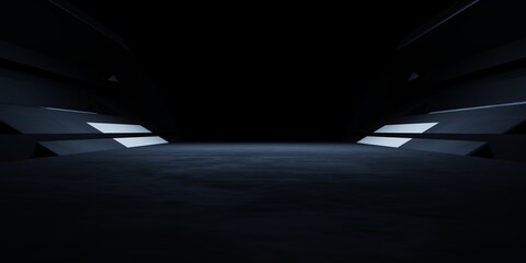 3d rendering of spaceship corridor hallway dark background. Scene for advertising, showroom, technology, future, modern, E sport, game, garage. Sci Fi Illustration. Product display