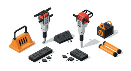 Isometric construction tools jackhammers, barricade, concrete blocks, safety equipment