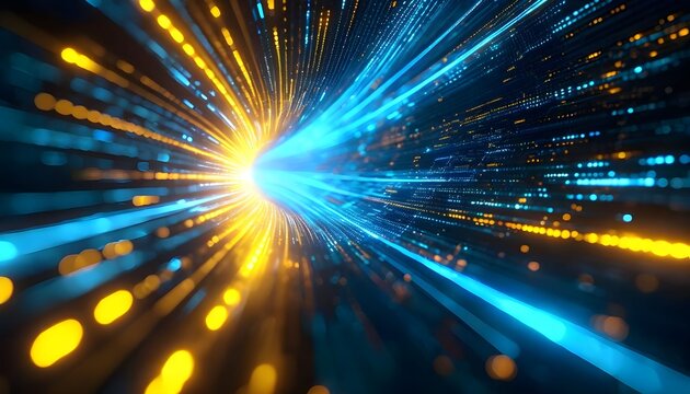 Abstract digital tunnel with glowing blue and yellow light streaks converging into a bright point, representing data flow and high-speed communication.