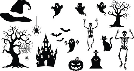 Spooky Halloween silhouettes featuring a witch flying, haunted house, ghosts, skeletons, black cat, pumpkin, bats, spiderweb, hat and tombstone