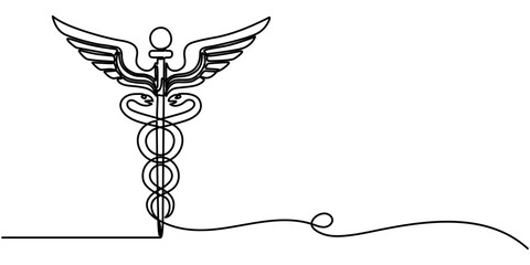 caduceus continuous one line drawing, Caduceus  single line art, continuous one line drawing of  Isolated outline vector illustration. 