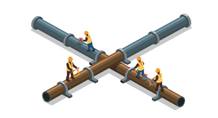 Fototapeta premium Isometric construction workers inspecting crossed pipelines