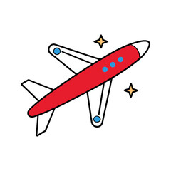 Stylized red airplane flying through starry night sky