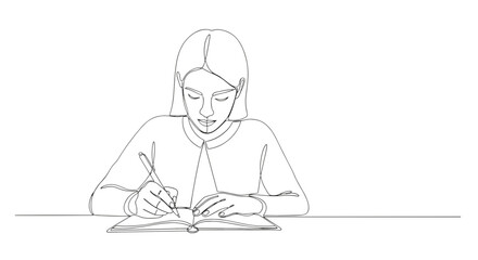 A delicate line drawing depicts a young woman writing in a book, focused and seated at a table, simple art