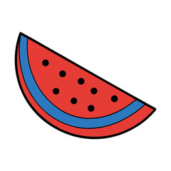 Stylized slice of watermelon with black seeds and blue rind