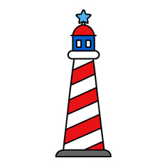 Red and white striped lighthouse with blue star on top