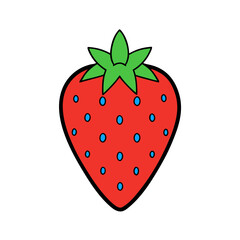 Simple cartoon strawberry with blue seeds on a black background