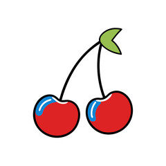 Two stylized red cherries with a green leaf on a black background