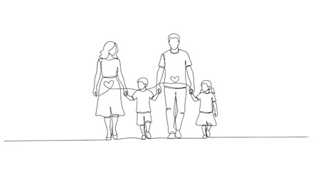 Continuous line drawing of a family with mother father son and daughter holding hands connected by a heart