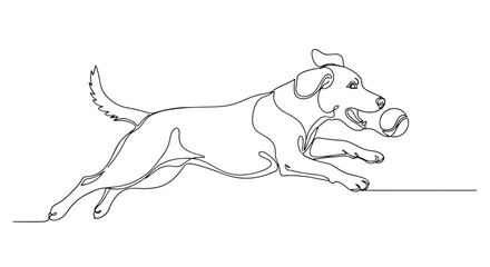 Continuous line drawing of a dog jumping with a ball in its mouth in a minimalist style design art
