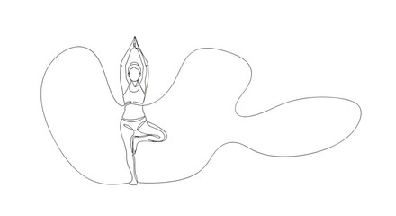 A single line drawing of a woman in tree pose with arms raised and abstract line surrounding her figure