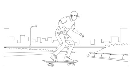 Continuous line drawing of a man skateboarding in an urban environment with city buildings behind him