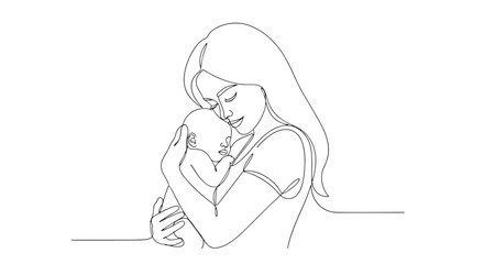 Continuous line drawing of a mother holding her baby in a loving embrace in a minimalist style art