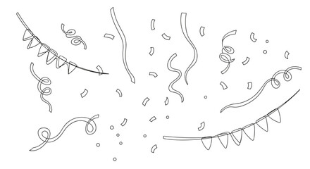 Illustration of party decorations featuring confetti, streamers, and a banner on a white background