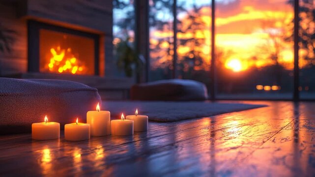 A cozy warm home with a glowing fireplace and candles creates a serene and peaceful background for romantic relaxation and meditation during a beautiful winter sunset.