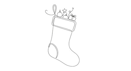 Line art of a christmas stocking filled with ornaments and a gift, with the word joy above it in cursive