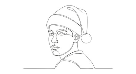 Continuous line drawing of a person wearing a santa hat looking over their shoulder with a serious expression